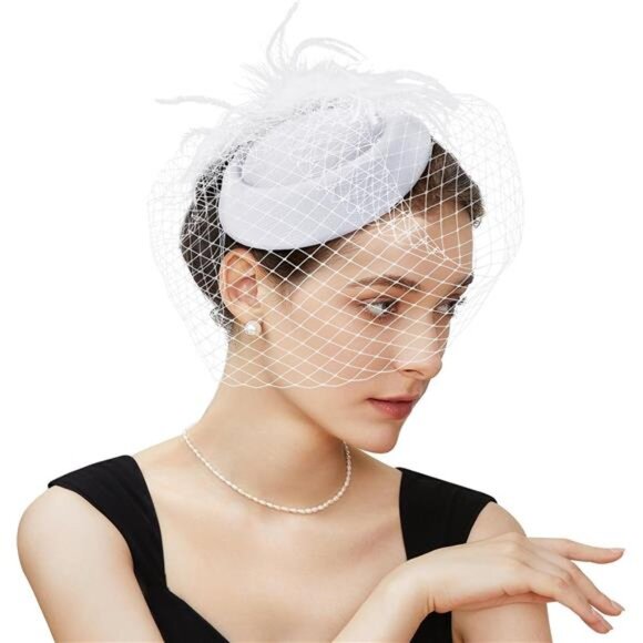 Fascinator Hat Veil Feather for Women White - Picture 1 of 5